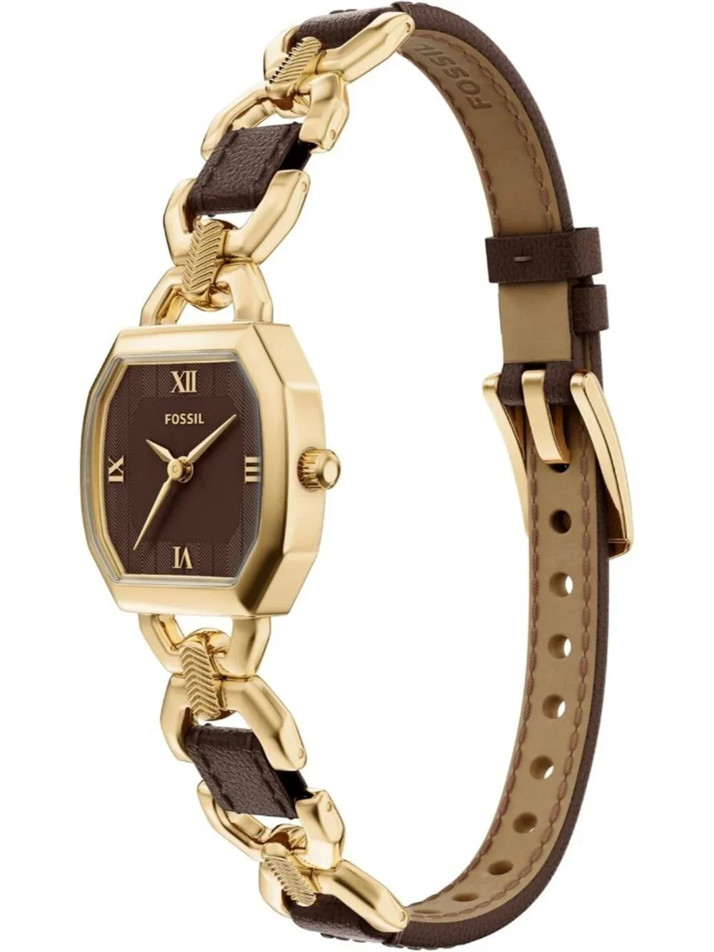 Women's Gold-Tone Stainless Steel Three-Hand Brown Leather Octagonal case Watch